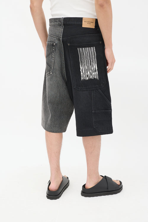 Balenciaga Black Denim 50/50 Embroidered Wide Shorts