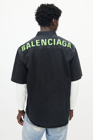 Balenciaga Black Denim Patch Pocket Logo Button Up