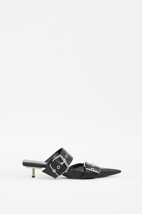 Balenciaga Black Leather Buckled Pointed Toe Mule