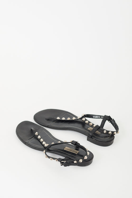 Balenciaga Black Leather Studded T-Strap Sandal