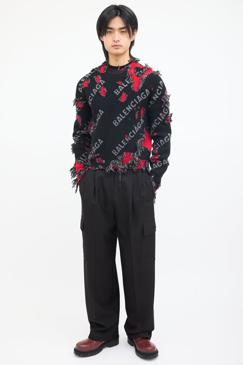 Balenciaga Black 
Red Wool Destroyed Logo Sweater