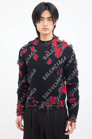 Balenciaga Black 
Red Wool Destroyed Logo Sweater