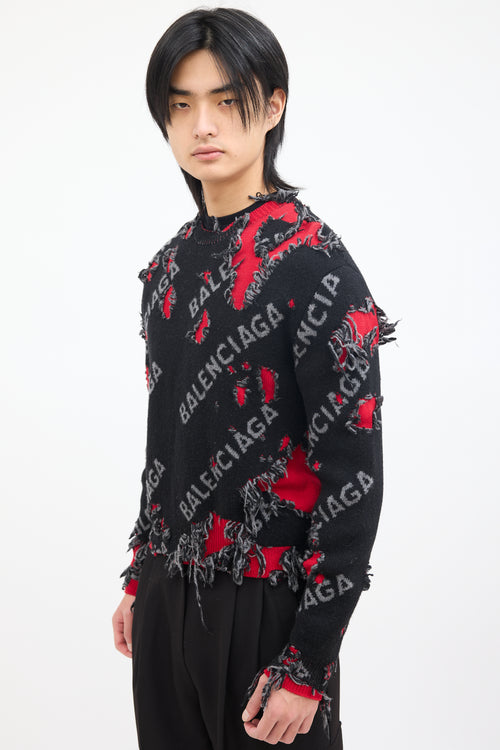 Balenciaga Black 
Red Wool Destroyed Logo Sweater