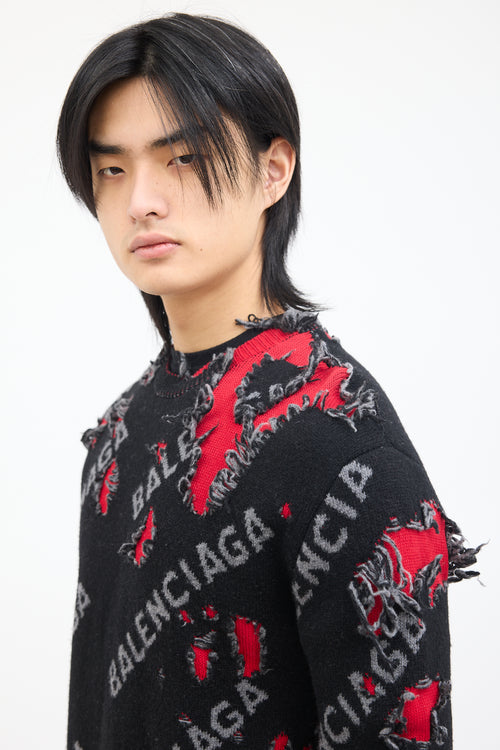 Balenciaga Black 
Red Wool Destroyed Logo Sweater