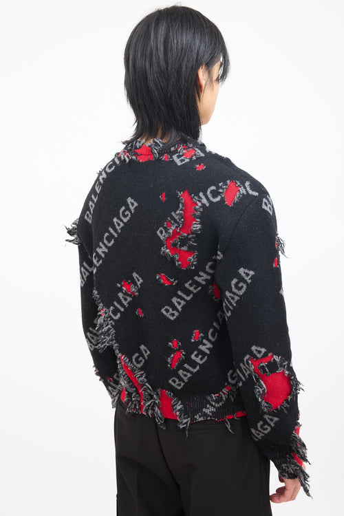 Balenciaga Black 
Red Wool Destroyed Logo Sweater