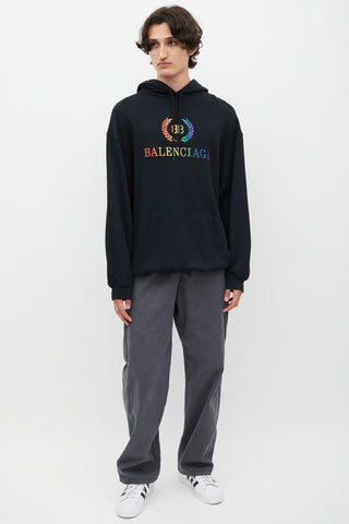 Balenciaga Black 
Multicolour Embroidered Logo Hoodie