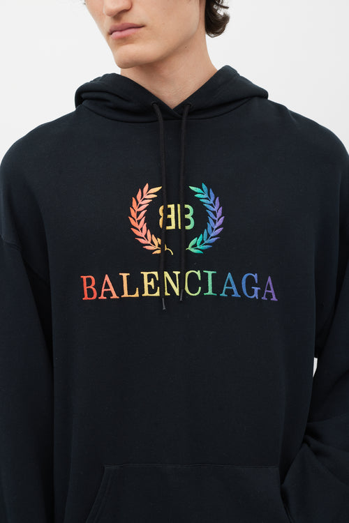 Balenciaga Black 
Multicolour Embroidered Logo Hoodie