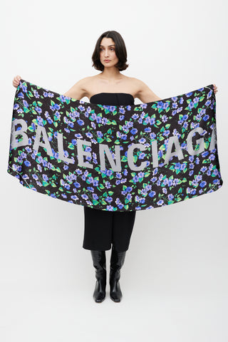 Balenciaga Black 
Multicolour Floral Silk Scarf