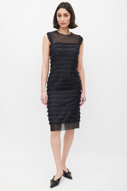 Balenciaga Black Silk Fringe Trim Tiered Dress