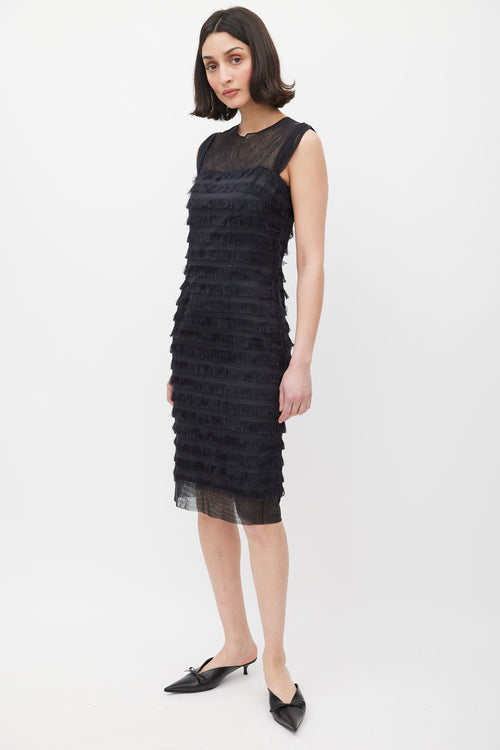 Balenciaga Black Silk Fringe Trim Tiered Dress