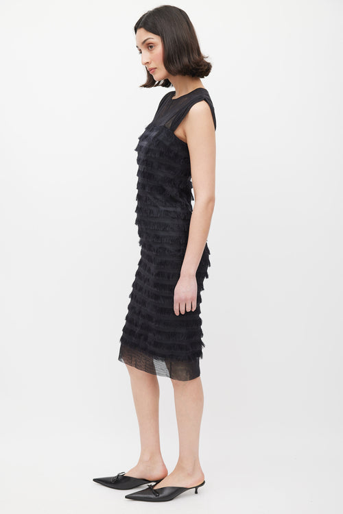 Balenciaga Black Silk Fringe Trim Tiered Dress