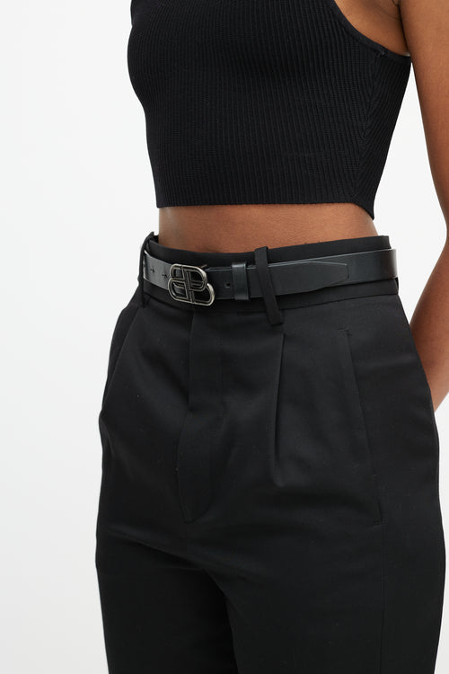 Balenciaga Black Leather Gunmetal BB Logo Belt