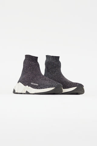 Balenciaga Black 
Silver Metallic Knit Speed Sneaker