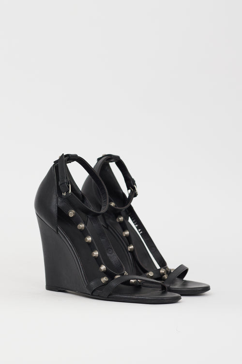 Balenciaga Black 
Silver Studded Leather Wedge Heel