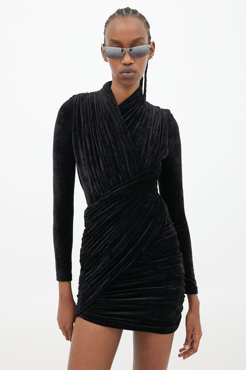 Balenciaga Black Velvet Gathered Mini Dress