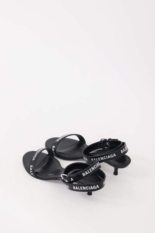 Balenciaga Black 
White Leather Logo Sandal