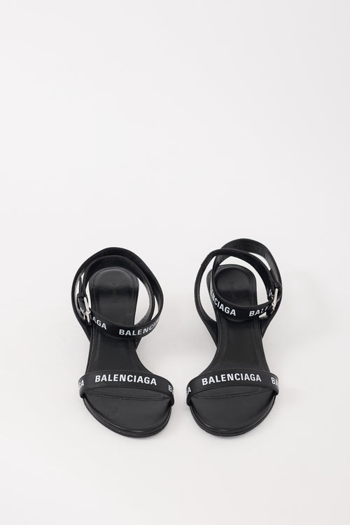 Balenciaga Black 
White Leather Logo Sandal