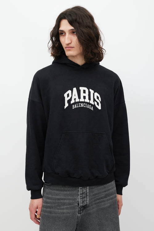 Balenciaga Black 
White Paris Logo Hoodie