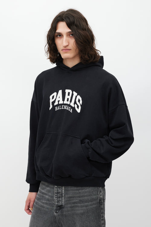 Balenciaga Black 
White Paris Logo Hoodie