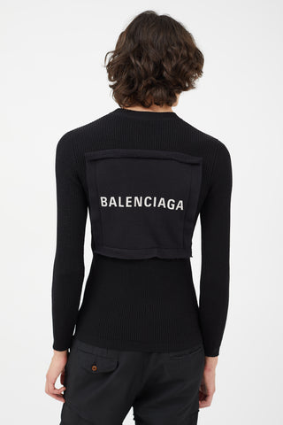 Balenciaga Black 
White Ribbed Logo Knit Top