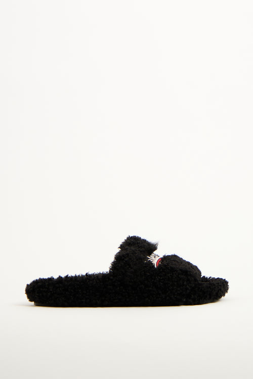 Balenciaga Black Furry Logo Slide