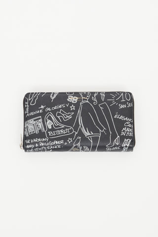 Balenciaga Black 
Silver Leather Tattoo Print Zip Wallet