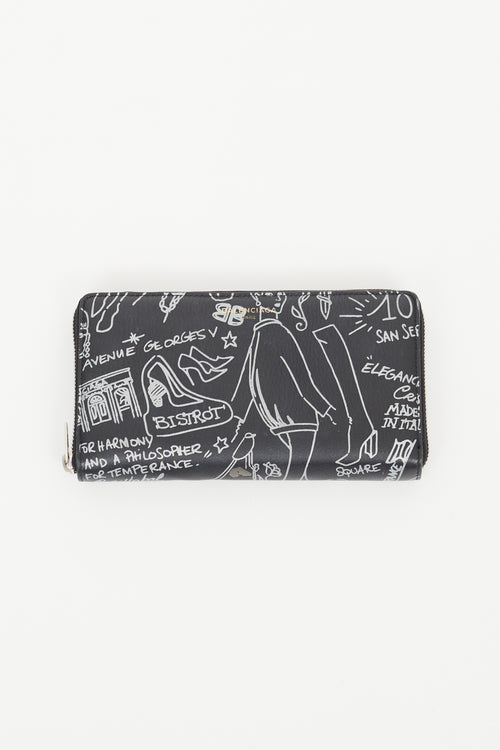 Balenciaga Black 
Silver Leather Tattoo Print Zip Wallet