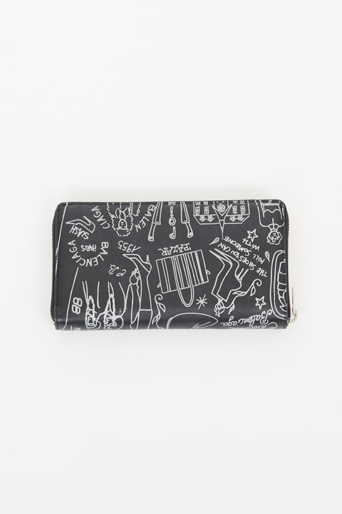 Balenciaga Black 
Silver Leather Tattoo Print Zip Wallet