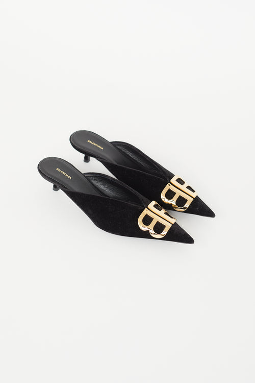 Balenciaga Black Velvet 
Gold BB Knife Mule