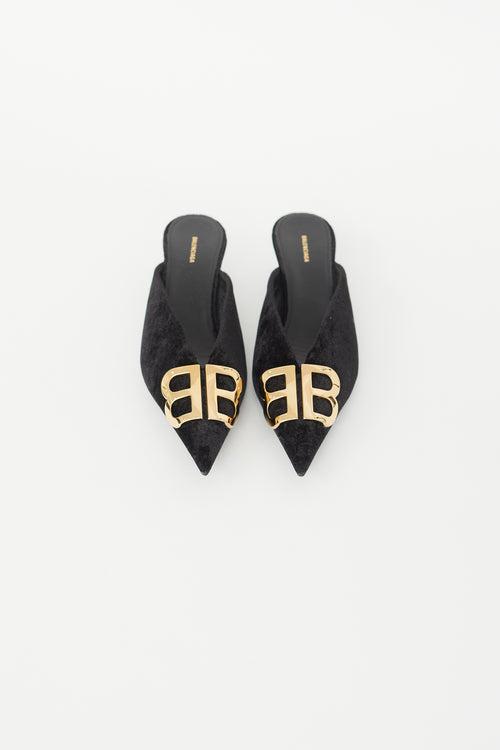 Balenciaga Black Velvet 
Gold BB Knife Mule