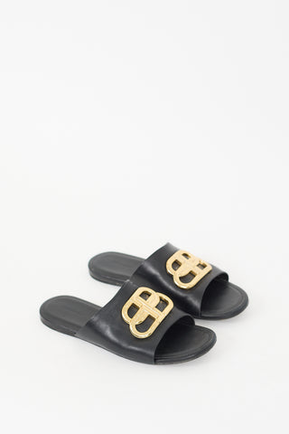 Balenciaga Black Gold Leather Oval BB Slide