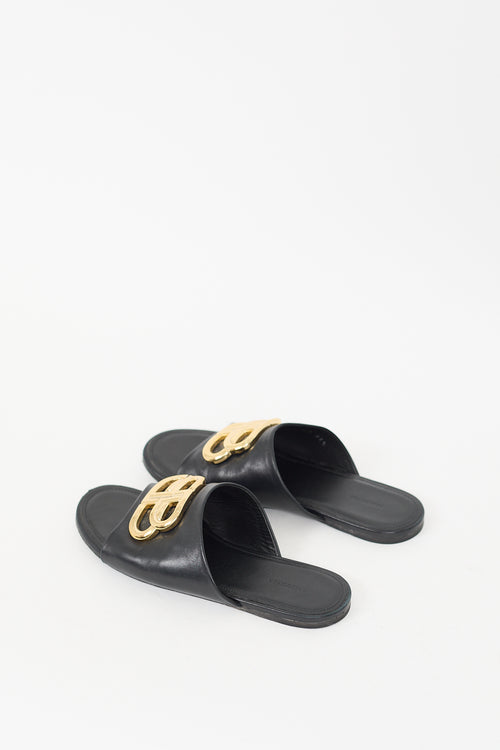 Balenciaga Black Gold Leather Oval BB Slide