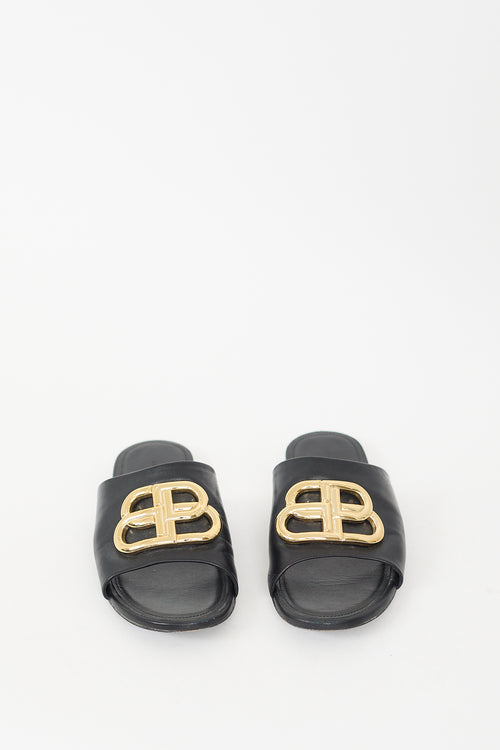 Balenciaga Black Gold Leather Oval BB Slide