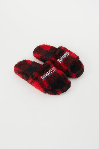 Balenciaga Black 
Red Plaid Furry Logo Slide