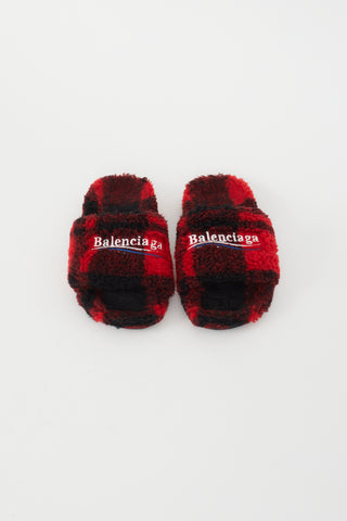 Balenciaga Black 
Red Plaid Furry Logo Slide