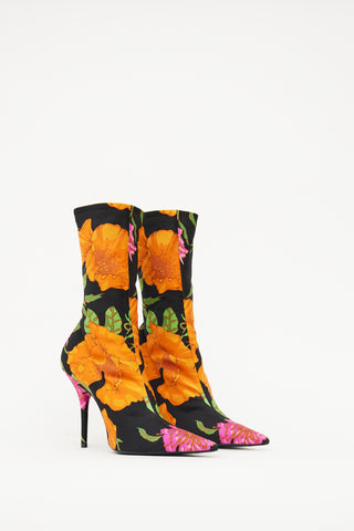 Balenciaga Black 
Multi Floral Knife Sock Bootie