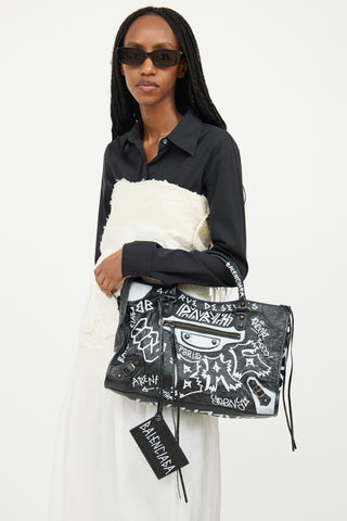 Balenciaga Black 
White Leather City Gaffiti Bag