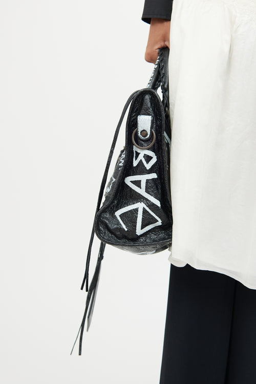 Balenciaga Black 
White Leather City Gaffiti Bag