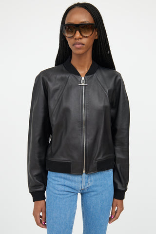 Balenciaga Black Leather Cropped Bomber Jacket