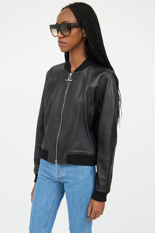 Balenciaga Black Leather Cropped Bomber Jacket