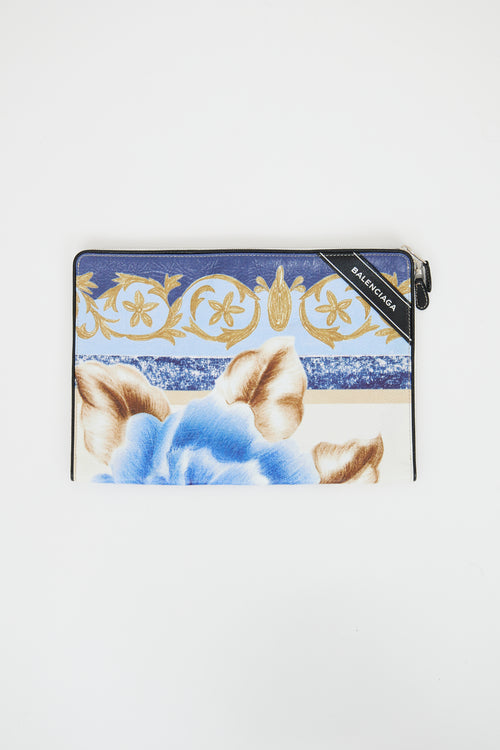 Balenciaga Blue 
Multicolour Crinkled Leather Floral Pouch