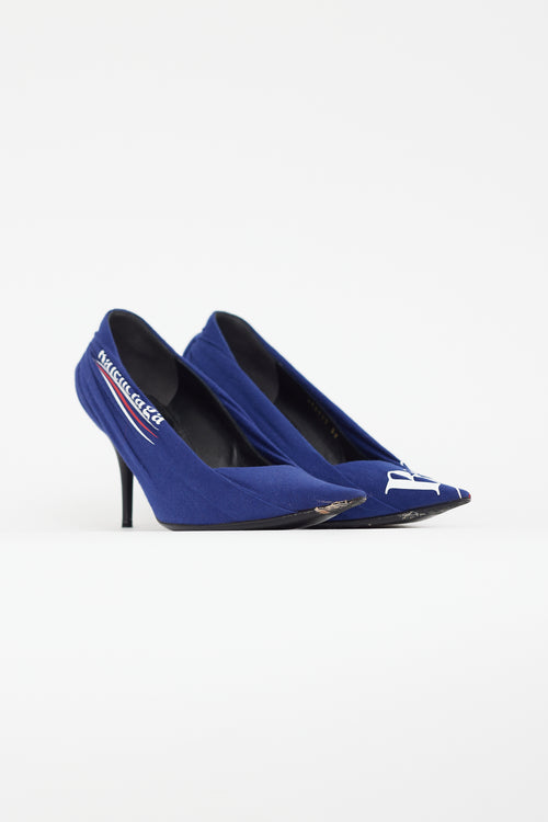 Balenciaga Blue 
Multicolour Gathered Logo Heel