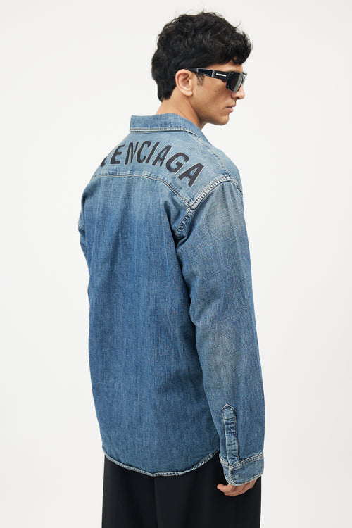 Balenciaga Blue 
Black Logo Denim Shirt