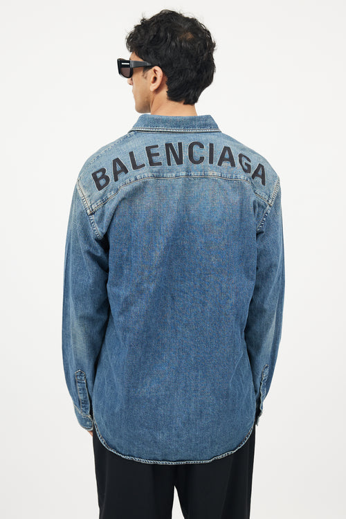 Balenciaga Blue 
Black Logo Denim Shirt