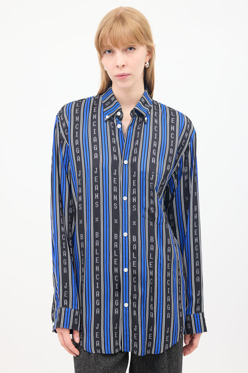 Balenciaga Blue 
Black Logo Striped Shirt