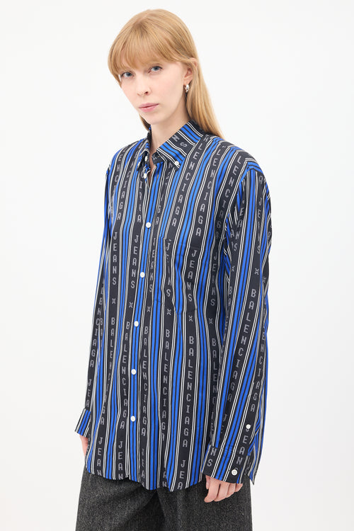 Balenciaga Blue 
Black Logo Striped Shirt