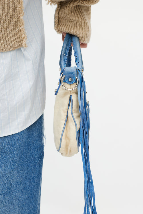 Balenciaga Blue 
Beige Linen Motocross First Shoulder Bag