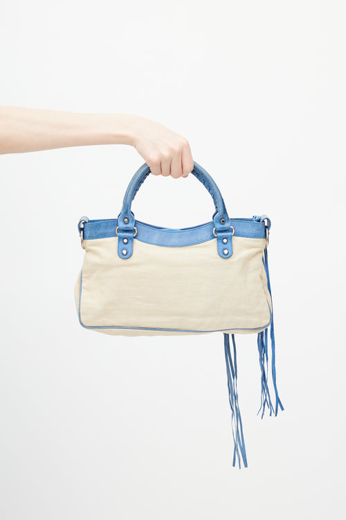 Balenciaga Blue 
Beige Linen Motocross First Shoulder Bag