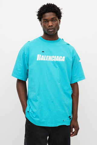 Balenciaga Blue 
White Distressed Oversized Logo T-Shirt