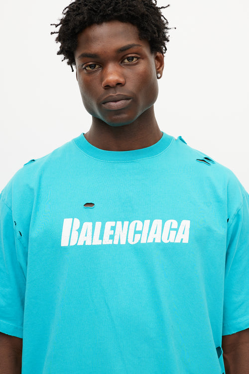 Balenciaga Blue 
White Distressed Oversized Logo T-Shirt